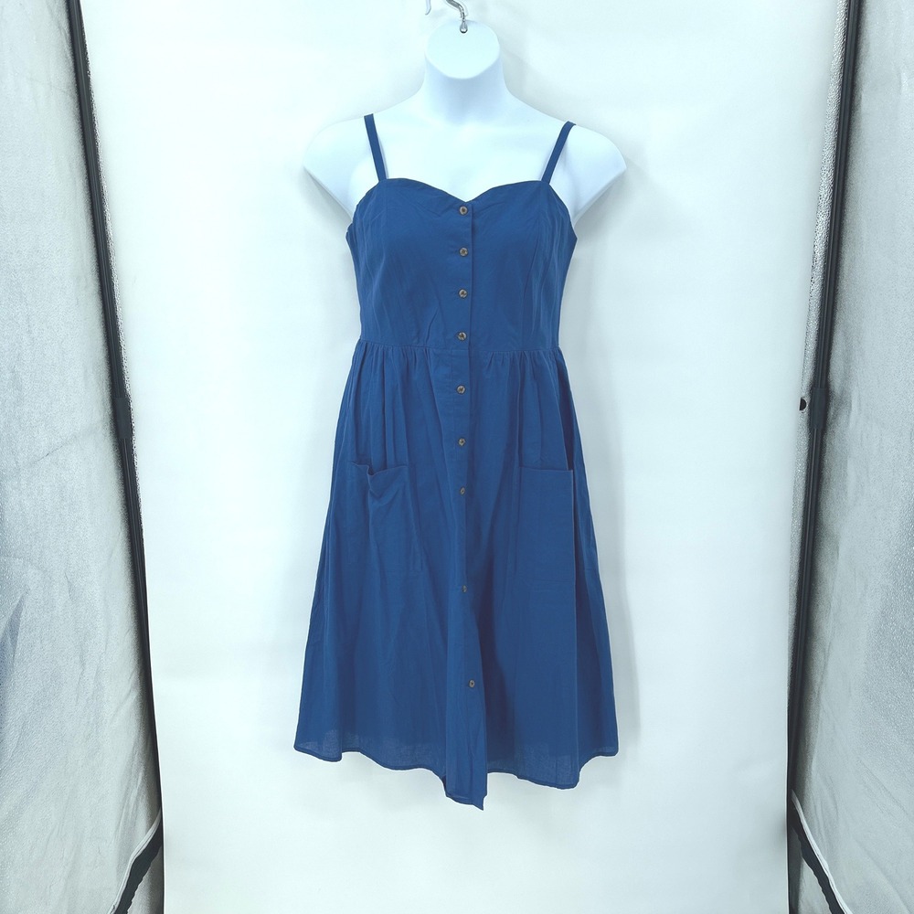 New Indie Blue Sundress Large Coastal Cottagecore Button Front Pockets Dress - Picture 2 of 10